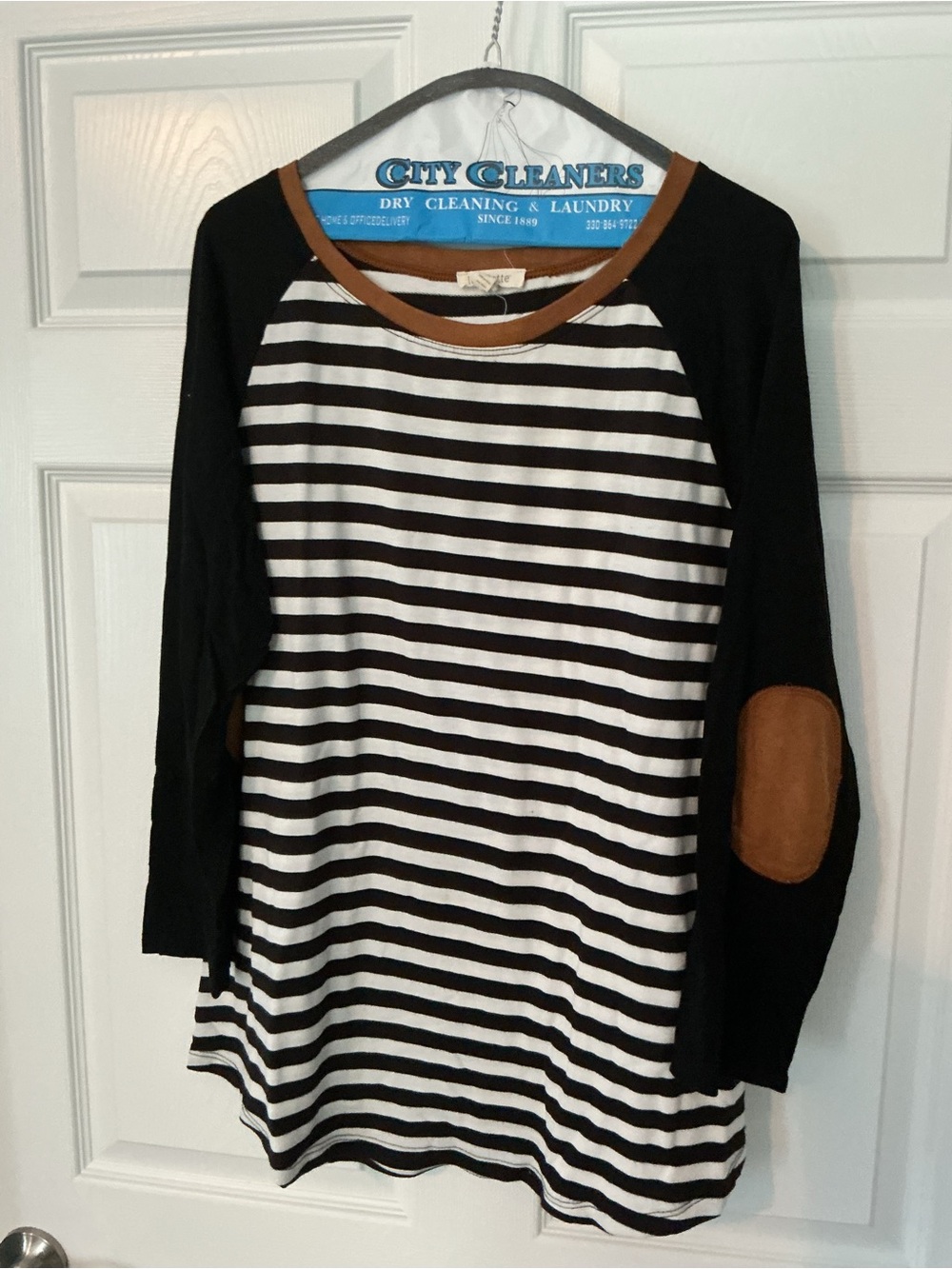 loralette Black & White Striped Raglan Top with Brown Elbow Patches